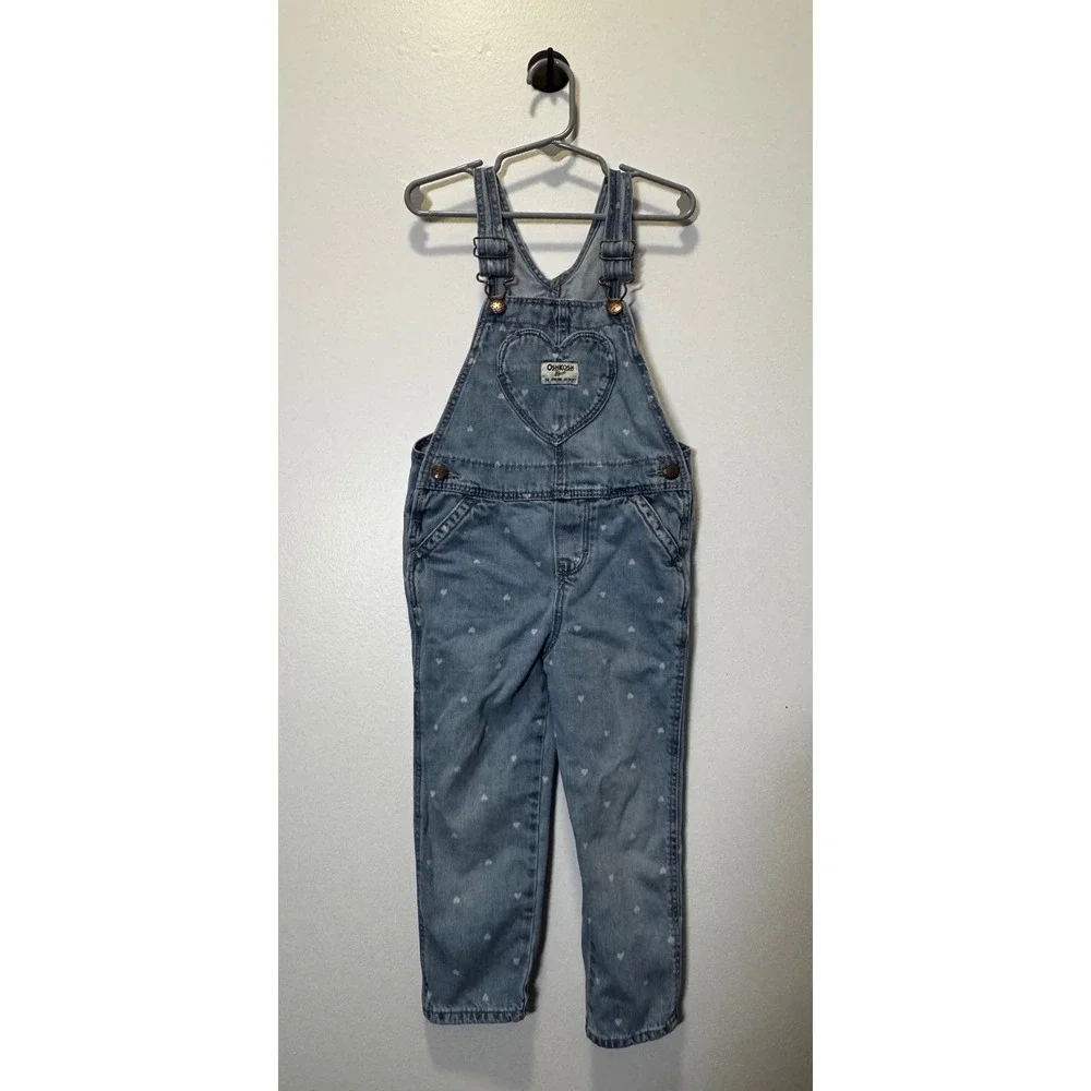 OshKosh Bgosh Girls 4T Blue Denim Heart Print‎ Overalls Heart Bib Pocket
